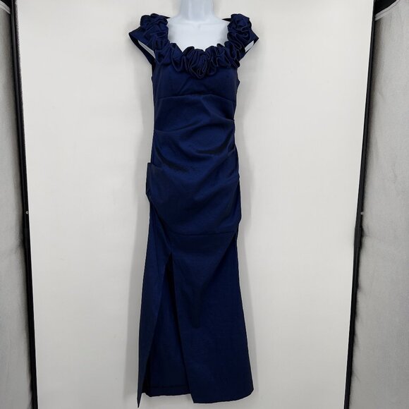 Xscape by Joanna Chen Cocktail Navy Blue Ruffle Neck Evening Gown Women’s 10 - Picture 1 of 12
